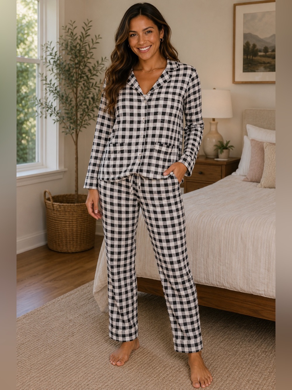 Nine West 2-Piece Long-Sleeve Pajama Set with Gingham Plaid Pattern - Small